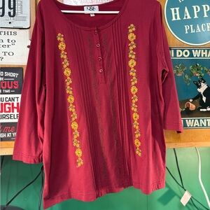 Burgundy Floral Embroidered Henley Tunic